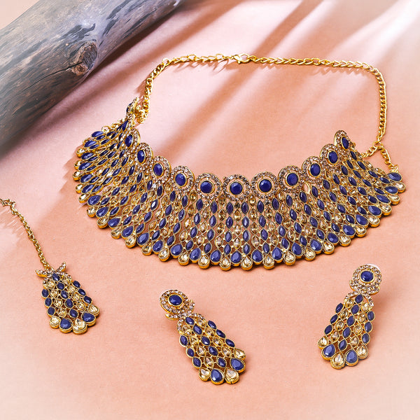 DREAMJWELL - Gold tone lakshmi blue stone designer necklace set dj-341 –  dreamjwell